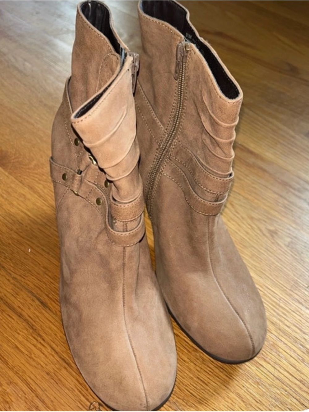 Aerosoles Taupe Suede Ankle Booties with Decorative Strap - Picture 3 of 6